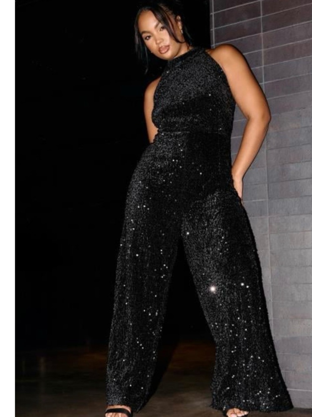 Yours Clothing Black Sequin High-Neck Wide-Leg Jumpsuit